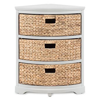 Hampton Meadows 3 tier X-Side Corner Table Storage Cabinet with 3 Wicker Baskets