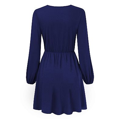 Women Solid Long Sleeve Elastic Waist Wrap V-Neck Fit Flare Dress Burgundy
