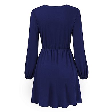 Women's Wrap Skater Dresses V Neck Long Sleeve Ruffle A-Line Mini Party Dress