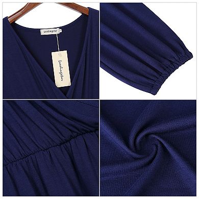 Women Solid Long Sleeve Elastic Waist Wrap V-Neck Fit Flare Dress Burgundy