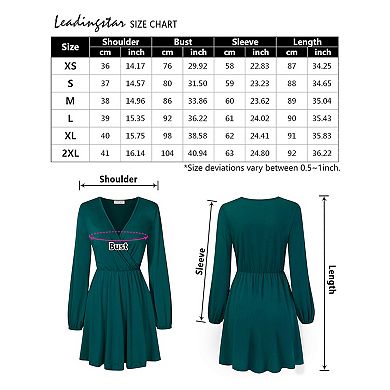 Women Solid Long Sleeve Elastic Waist Wrap V-Neck Fit Flare Dress Burgundy