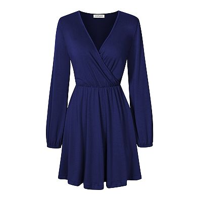 Women Solid Long Sleeve Elastic Waist Wrap V-Neck Fit Flare Dress Burgundy