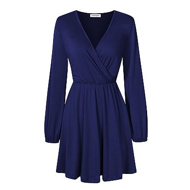 Women's Wrap Skater Dresses V Neck Long Sleeve Ruffle A-Line Mini Party Dress