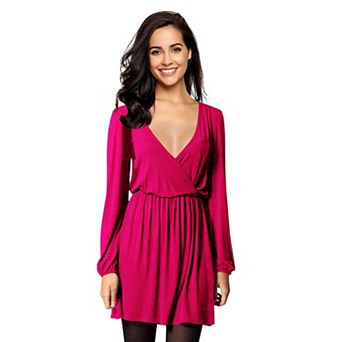 Women Solid Long Sleeve Elastic Waist Wrap V-Neck Fit Flare Dress Burgundy
