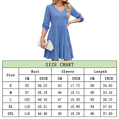 Womens Midi Dress 3/4 Sleeve V Neck Tiered Dress A Line Flowy Smock with Roll Sleeve Dress