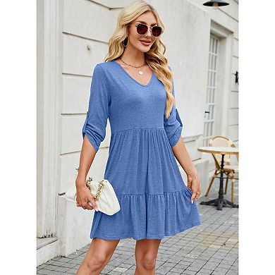 Womens Midi Dress 3/4 Sleeve V Neck Tiered Dress A Line Flowy Smock with Roll Sleeve Dress
