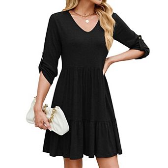 Womens Midi Dress 3/4 Sleeve V Neck Tiered Dress A Line Flowy Smock with Roll Sleeve Dress