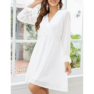 Women V Neck Long Sleeve Dress Lace Flowy Polka Dot Chiffon Wrap Midi ...