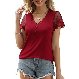 Women Crochet Lace Basic V-Neck T-Shirt Short Sleeve Loose Blouse Flowy Top