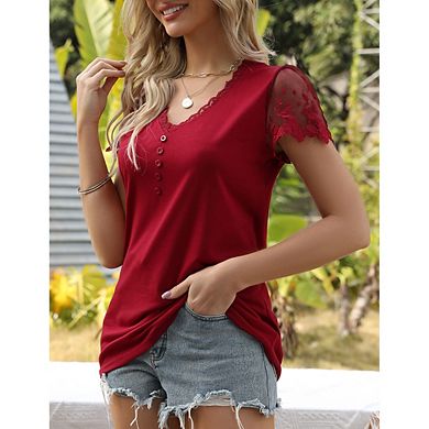 Women Crochet Lace Basic V-Neck T-Shirt Short Sleeve Loose Blouse Flowy Top