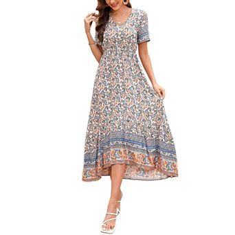 Women's Short Sleeve Floral Printed V Neck Flowy Ruffle A-line Maxi Dress