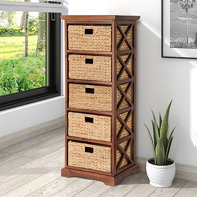 Hampton Meadows 5 Tier X-Side End Storage Cabinet with 5 Wicker Baskets