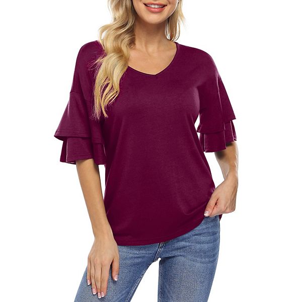 Women's Twist Knot Tunics Tops V Neck Short Sleeve Casual Blouse T-Shirt