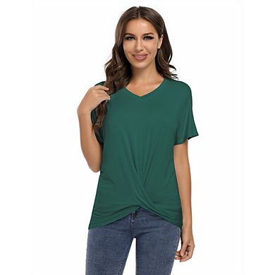 Women's Twist Knot Tunics Tops V Neck Short Sleeve Casual Blouse T-Shirt