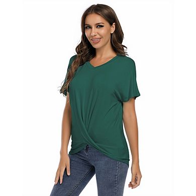 Women's Twist Knot Tunics Tops V Neck Short Sleeve Casual Blouse T-Shirt