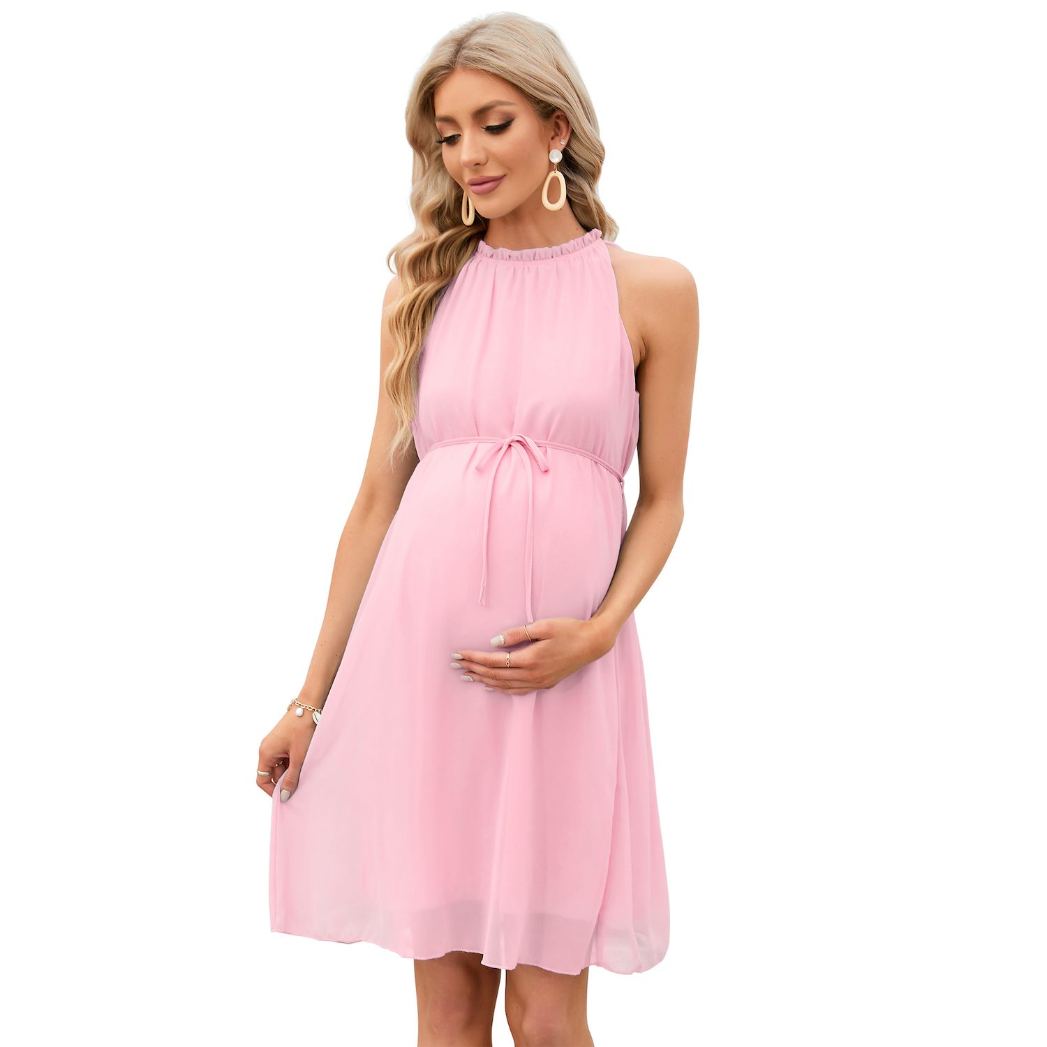 Maternity Ruffle Halter Neck Dress Summer Casual Boho Sleeveless High  Waisted Flowy Midi Dress