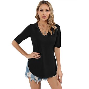 Women Lace Trim V Neck Tshirt Half Sleeve Blouse Basic Tees Summer Tunic Solid Casual Tops