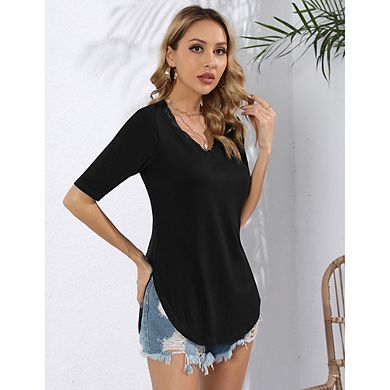 Women Lace Trim V Neck Tshirt Half Sleeve Blouse Basic Tees Summer Tunic Solid Casual Tops