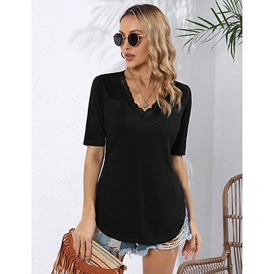 Women Lace Trim V Neck Tshirt Half Sleeve Blouse Basic Tees Summer Tunic Solid Casual Tops