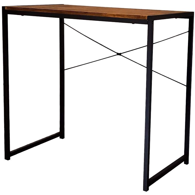 Multifunction rectangular office desk with cross-brace metal frame and wood-look top