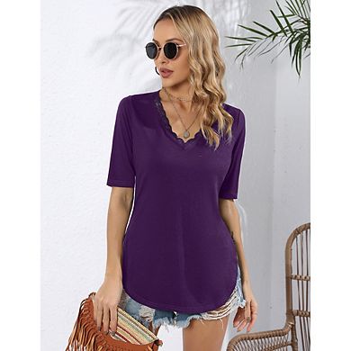 Women Lace Trim V Neck Tshirt Half Sleeve Blouse Basic Tees Summer Tunic Solid Casual Tops