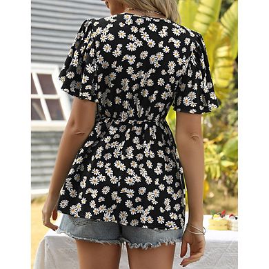 Women Short Sleeve Summer Blouse V Neck Floral Printed Top Flowy Shirt