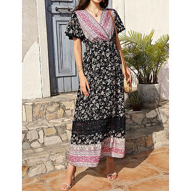 Summer Dresses Ruffle Cap Sleeve V Neck Belt Wrap Split Boho Floral Long Casual Party Beach Dress