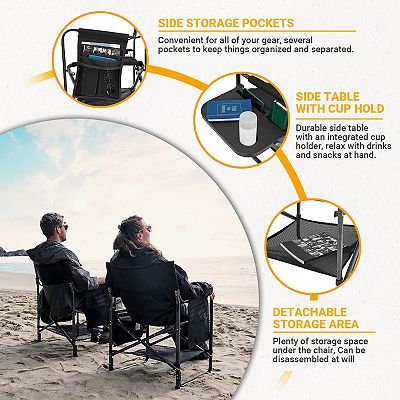 KingCamp Side Table Folding Adults with Storage Pockets Directors Chairs for Outside Camp Lawn Picnic Beach Fishing Oversized 1 Black