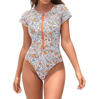 Womens Rash Gurd Short Sleeve One Piece Bathing Suit Zipper Surfing UPF 50+ Swimsuit