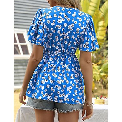 Women Short Sleeve Summer Blouse V Neck Floral Printed Top Flowy Shirt