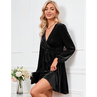 Women's Velvet Dress Wrap V Neck Pleated Waist Long Sleeve Casual Party Skater Dresses