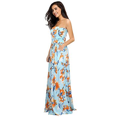 Women Ruched Strapless Maxi Vintage Floral Print Long Dress