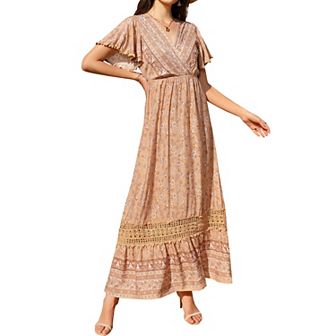 Women's Boho Short Sleeve V Neck Lace Wrap High Waist Dress Floral Beach Bohemian Ruffle Maxi Dress