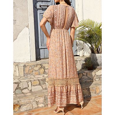 Women's Boho Short Sleeve V Neck Lace Wrap High Waist Dress Floral Beach Bohemian Ruffle Maxi Dress