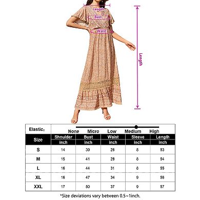 Women's Boho Short Sleeve V Neck Lace Wrap High Waist Dress Floral Beach Bohemian Ruffle Maxi Dress