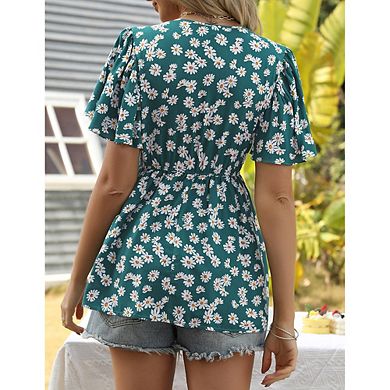 Women Short Sleeve Summer Blouse V Neck Floral Printed Top Flowy Shirt