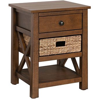 eHemco X-Side Solid End Table Nightstand with Drawer, 2 Storage Shelves and Wicker Basket