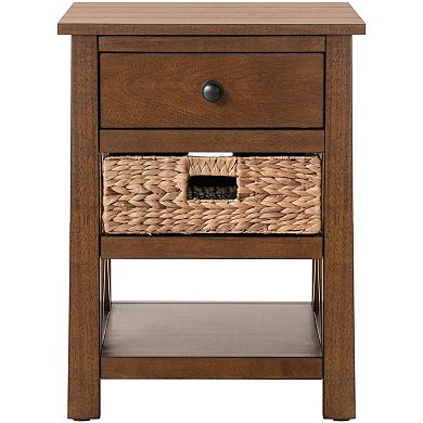 eHemco X-Side Solid End Table Nightstand with Drawer, 2 Storage Shelves and Wicker Basket