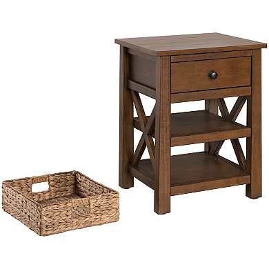 eHemco X-Side Solid End Table Nightstand with Drawer, 2 Storage Shelves and Wicker Basket