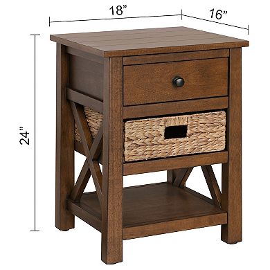 eHemco X-Side Solid End Table Nightstand with Drawer, 2 Storage Shelves and Wicker Basket