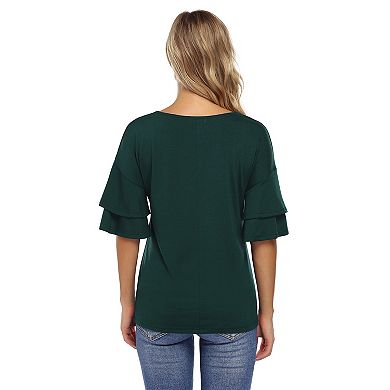 Women's Ruffle Tunic Top Casual V Neck Shirt Bell Half Sleeve Pullover Blouse Top