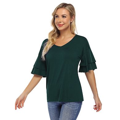 Women's Ruffle Tunic Top Casual V Neck Shirt Bell Half Sleeve Pullover Blouse Top