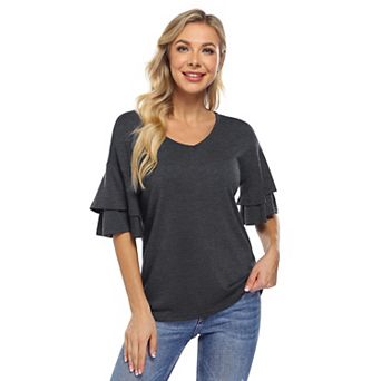 Women's Ruffle Tunic Top Casual V Neck Shirt Bell Half Sleeve Pullover Blouse Top