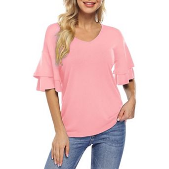 Women's Ruffle Tunic Top Casual V Neck Shirt Bell Half Sleeve Pullover Blouse Top