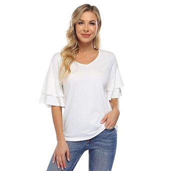 Women's Ruffle Tunic Top Casual V Neck Shirt Bell Half Sleeve Pullover Blouse Top