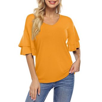 Women's Ruffle Tunic Top Casual V Neck Shirt Bell Half Sleeve Pullover Blouse Top