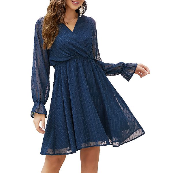 Women V Neck Long Sleeve Dress Lace Flowy Polka Dot Chiffon Wrap Midi ...