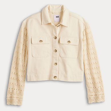 Juniors' SO Crochet Sleeve Button Front Jacket
