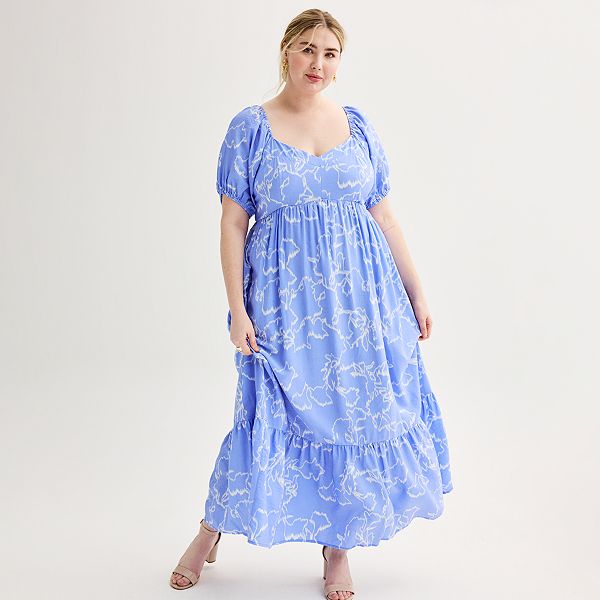 Plus Size Nine West Puff Sleeve Babydoll Tiered Maxi Dress