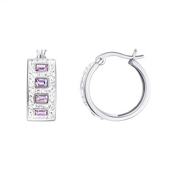 Chrystina Silver Plated Purple & White Crystal Hoop Earrings